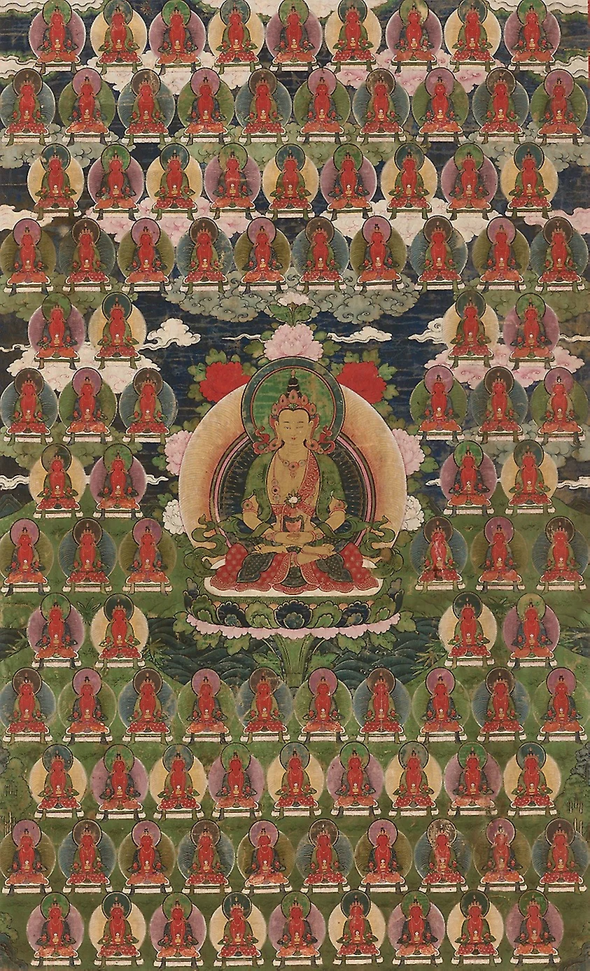 Painted Banner (Thangka) of Amitayus Buddha Surrounded by One Hundred Buddhas, detail