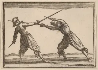 Duel with Swords and Daggers, by Edouard Eckman, ink, 1621