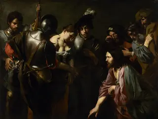 Christ and the Adulteress, by Valentin de Boulogne, oil, 1620