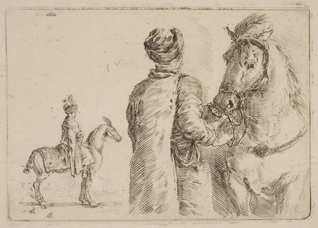 Polish Attendant Holding the Bridle of a Horse, by Stefano Della Bella, ink, 1637