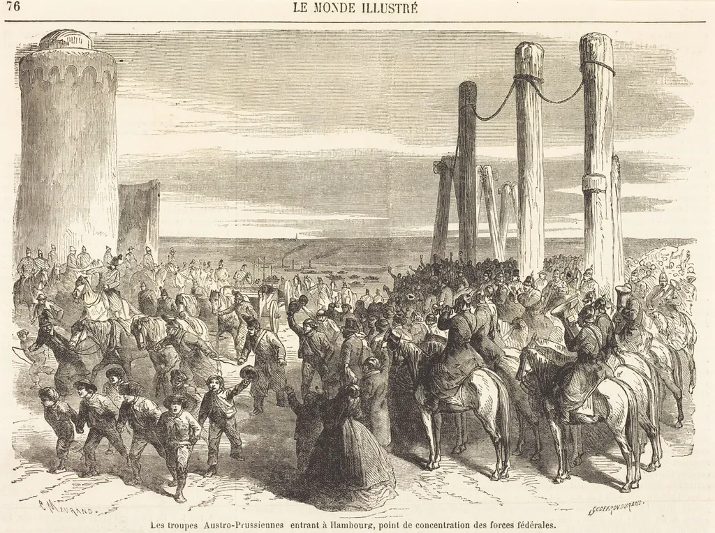 Les troupes Austro-Prussiennes entrant a Hambourg ... [top half], by Charles Maurand, ink, 1864