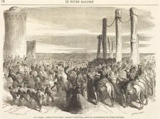 Les troupes Austro-Prussiennes entrant a Hambourg ... [top half], by Charles Maurand, ink, 1864