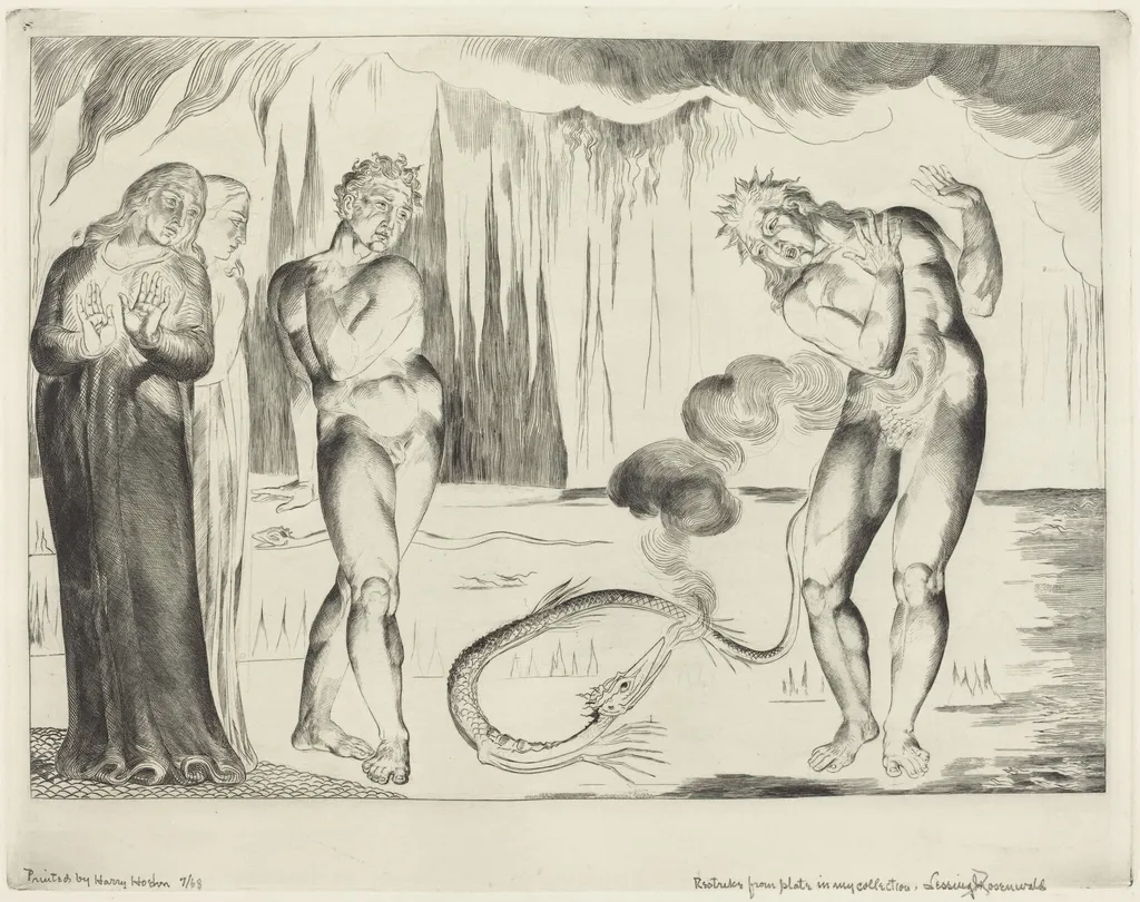 The Circle of the Thieves; Buoso Donati Attacked by the Serpent, by William Blake, ink, 1827