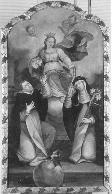 Maria reicht den hll. Dominikus und Katharina den Rosenkranz, detail