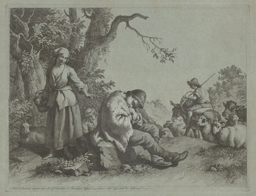 Sleeping Shepherd Boy and  Woman with a Child, by Francesco Londonio, ink, 1770