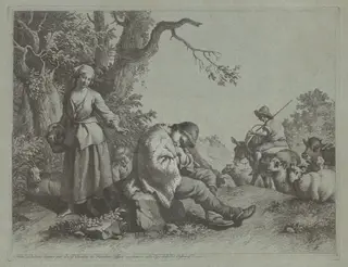 Sleeping Shepherd Boy and  Woman with a Child, by Francesco Londonio, ink, 1770