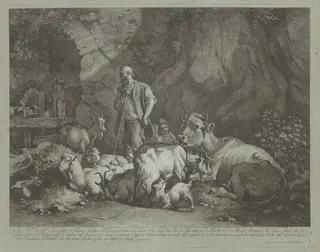 Old, Bald-headed Shepherd, Seated Shepherd Boy and Flock, by Francesco Londonio, ink, 1766