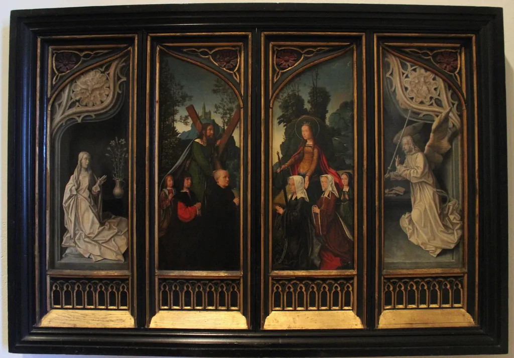 The Annunciate Virgin, Saint Andrew with a Donor and His Sons, Saint Catherine of Alexandria with a Donor and Her Daughters, and the Annunciate Angel, by Jan Provoost, oil, 1514