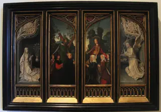 The Annunciate Virgin, Saint Andrew with a Donor and His Sons, Saint Catherine of Alexandria with a Donor and Her Daughters, and the Annunciate Angel, by Jan Provoost, oil, 1514