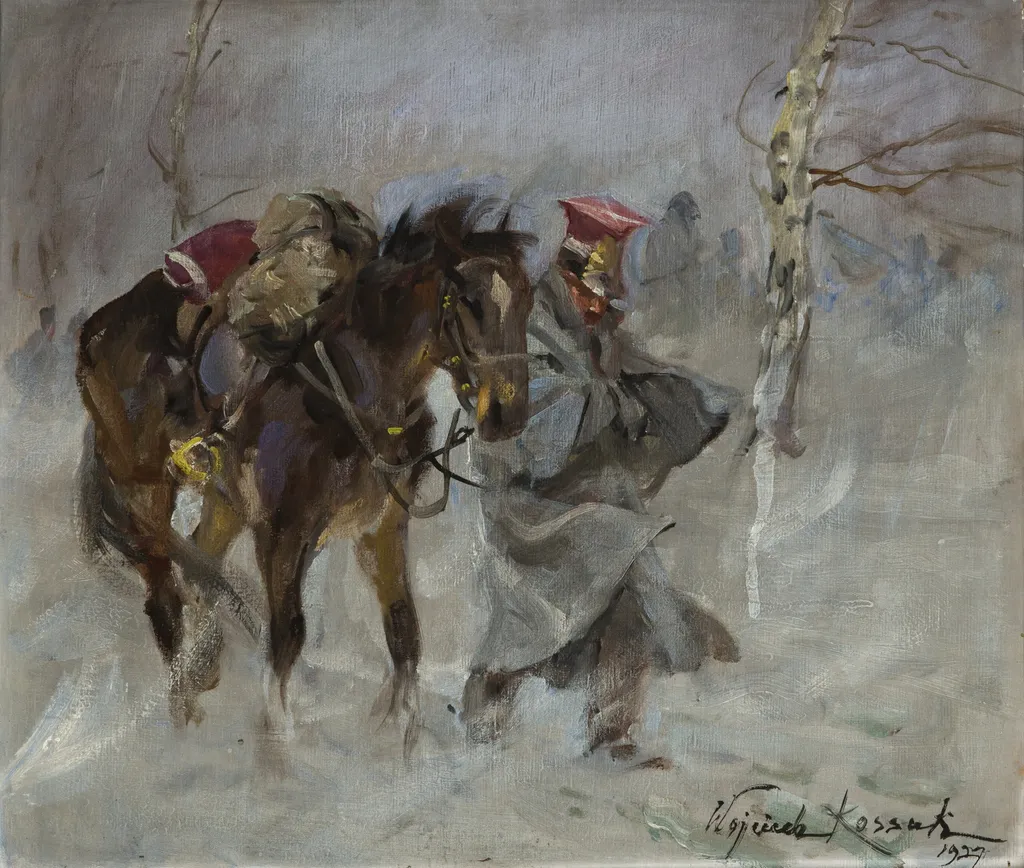 Uhlan Leading a Horse, by Wojciech Kossak, oil, 1927