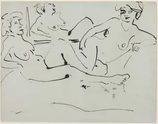 Dodo and an Older Woman Reclining before a Mirror, by Ernst Ludwig Kirchner, ink, 1909