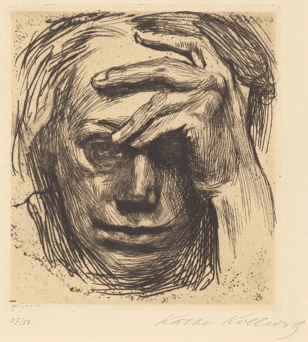Self-Portrait with Hand on Forehead (Selbstbildnis mit der Hand an der Stirn), by Käthe Kollwitz, ink, 1910