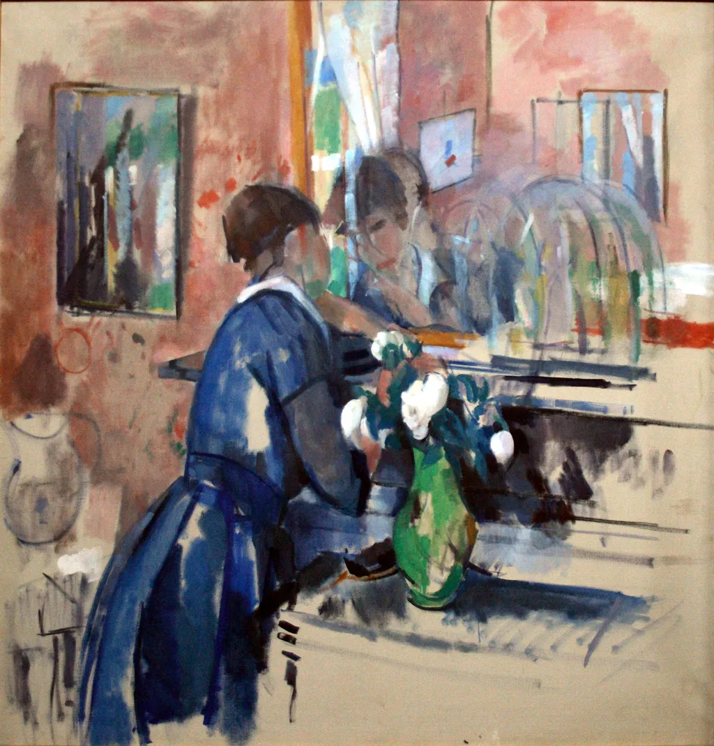 Lady in blue in front of a mirror, by Rik Wouters, oil, 1914
