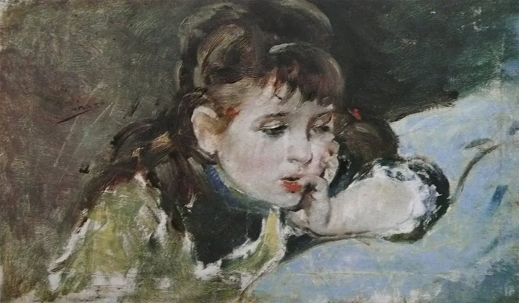 Little girl reading, by Ignacio Pinazo Camarlench, oil, 1896