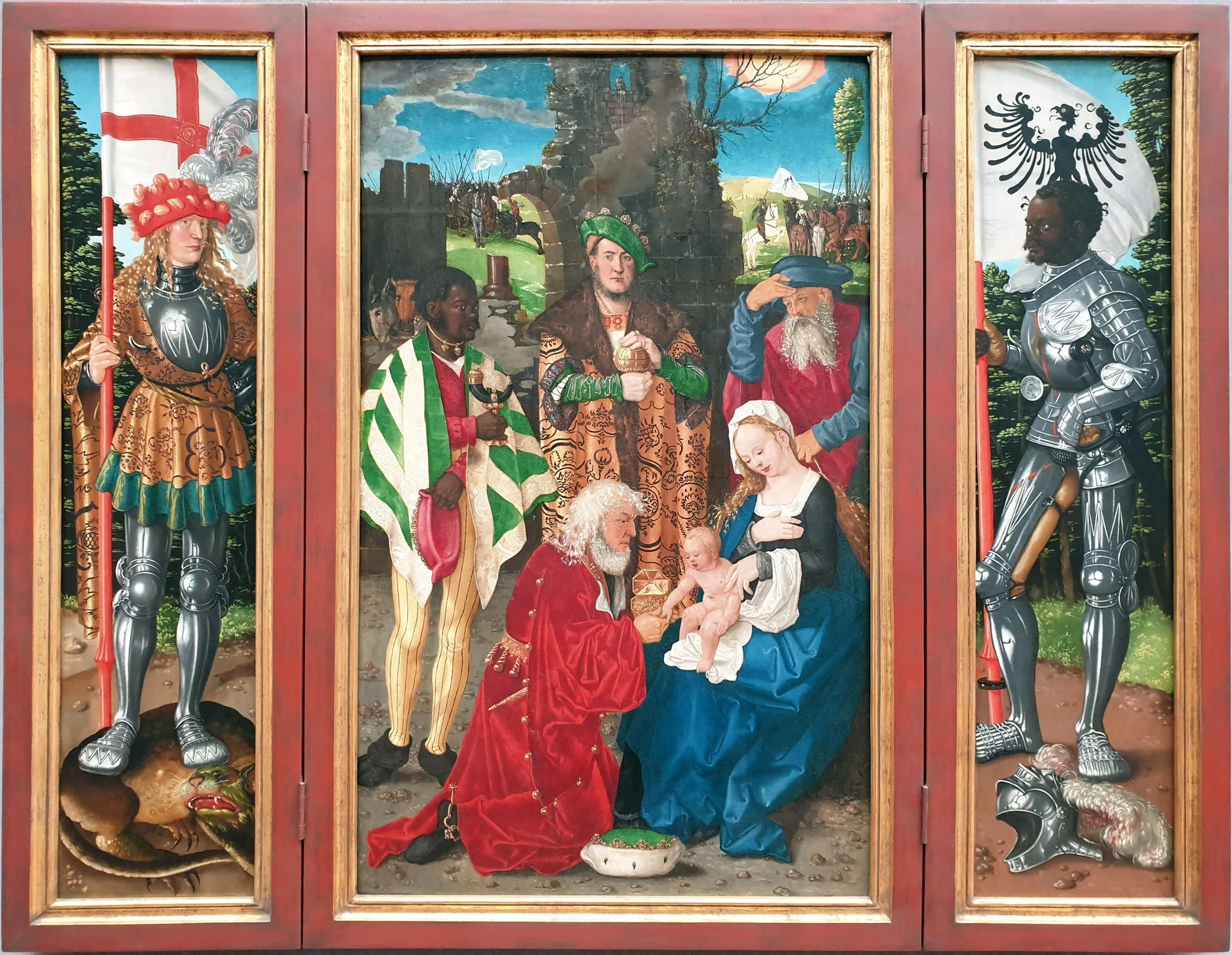 Der Dreikönigsaltar Innentafeln: Anbetung der Könige, der Heilige Georg und der Heilige Mauritius, detail