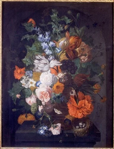 Flowers on a stone ledge with a bird's nest, detail