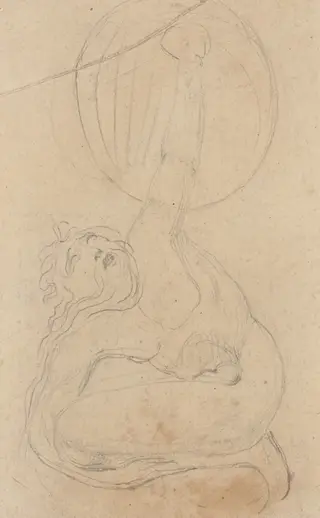 A Crouching Figure Holding a Shield [verso], by William Blake, graphite, 1793