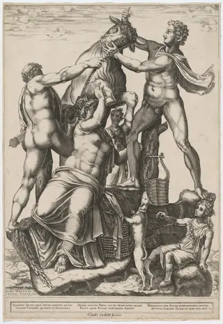 Amphion and Zethus Tying Dirce to a Wild Bull, by Diana Scultori, ink