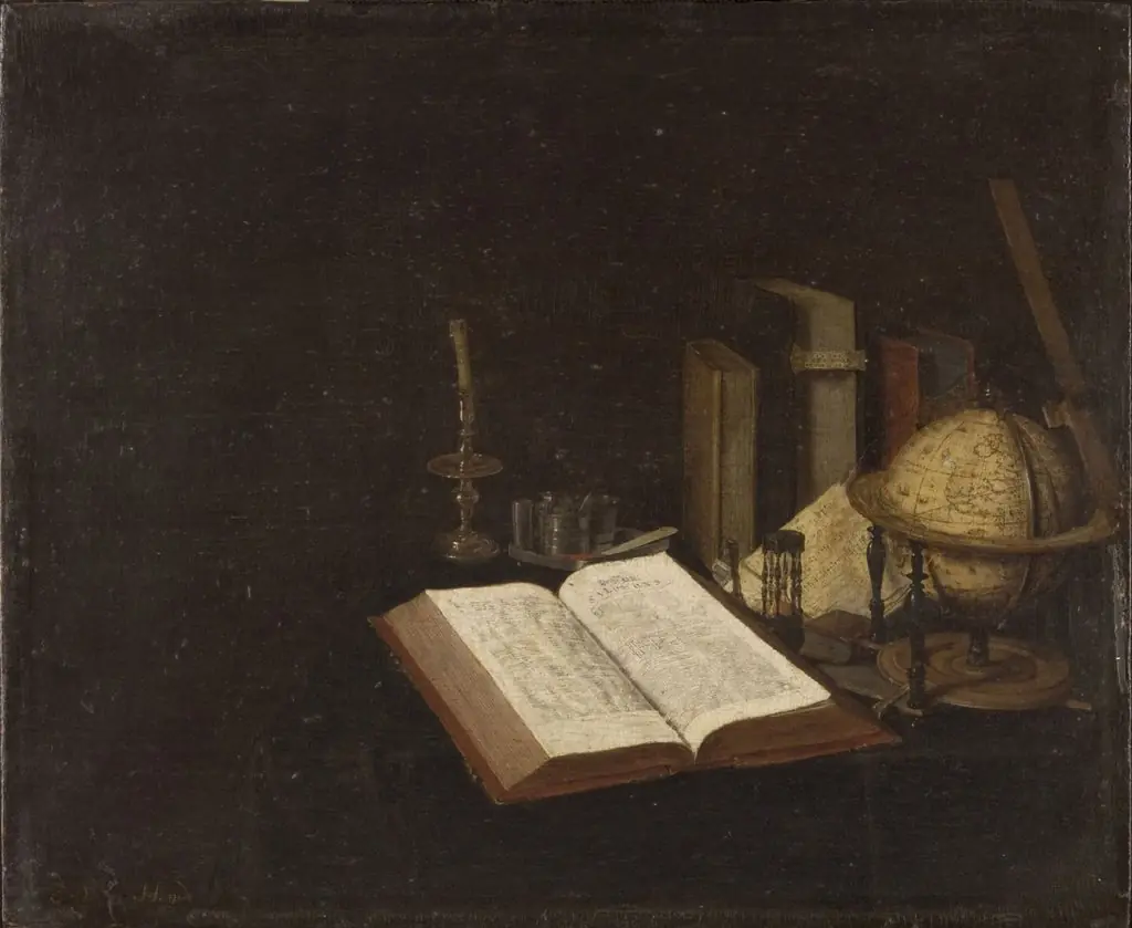 Still Life with Books and a Globe, by Jan van der Heyden, oil, 1667