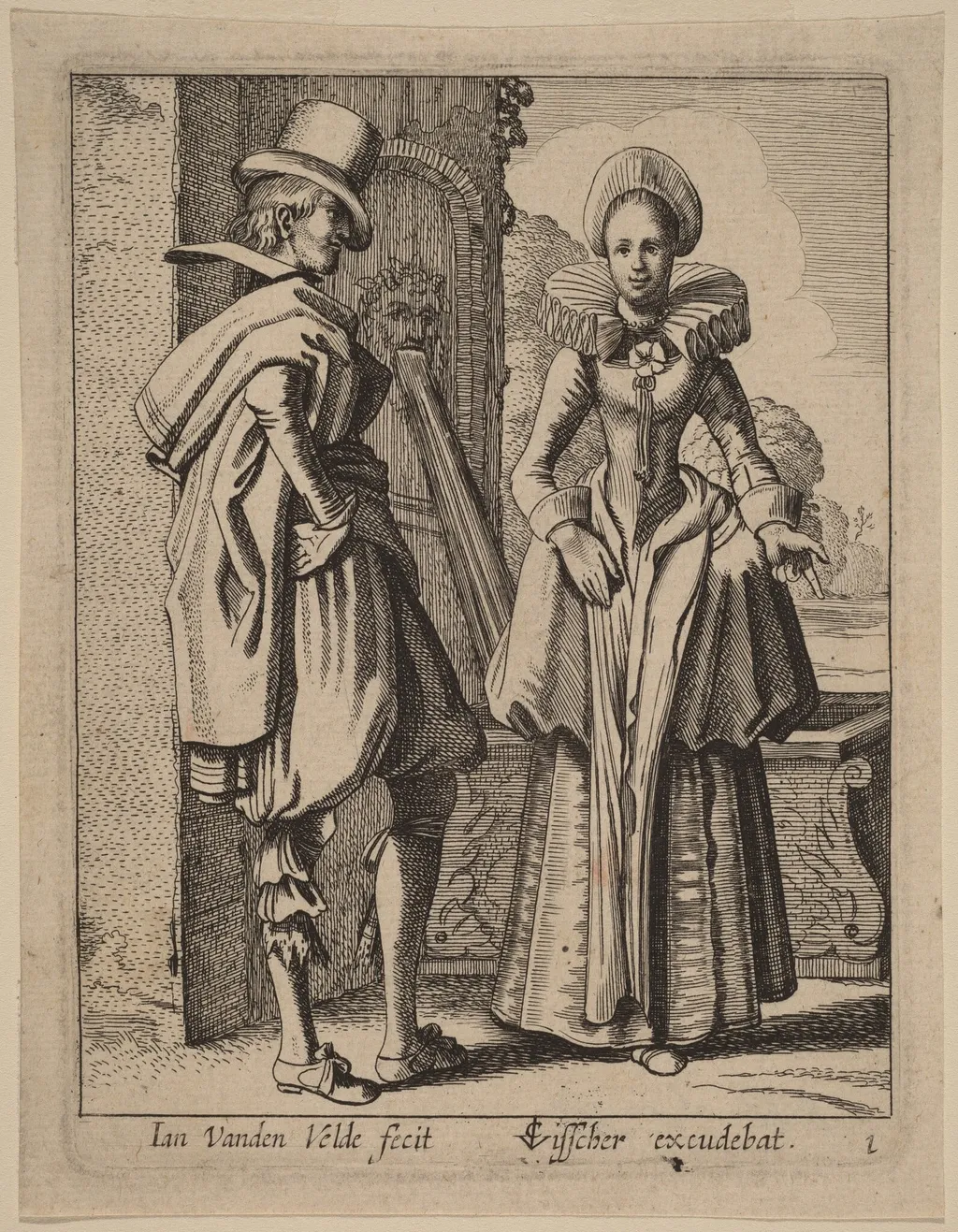 Two Figures in Costume, by Velde, Jan van de, II, ink, 1617