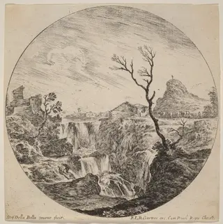 Waterfall with Three Tiers, by Stefano Della Bella, ink, 1646