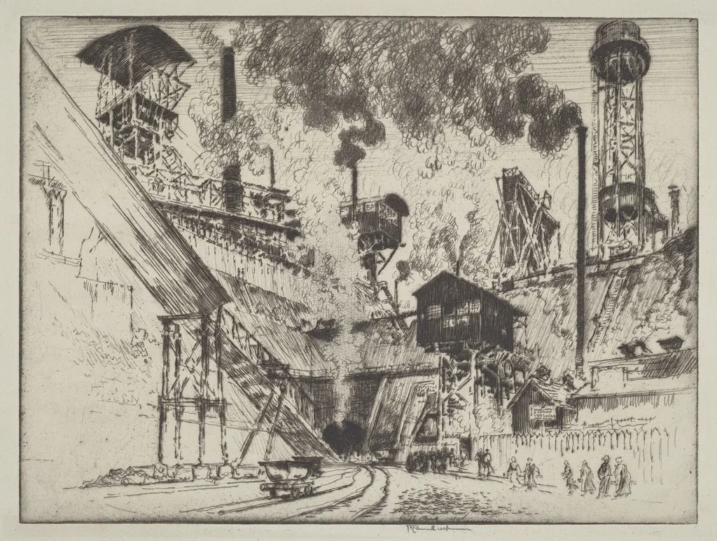 Mouth of the Mine, Ruhrort near Oberhausen, by Joseph Pennell, ink, 1910
