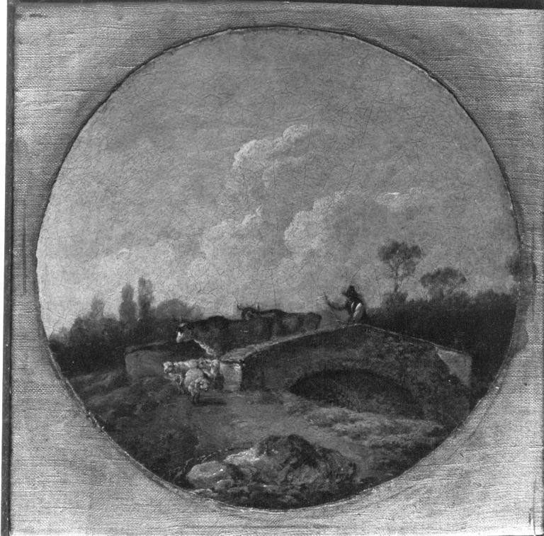 Landschaft mit Brücke, Vieh und Hirt, detail