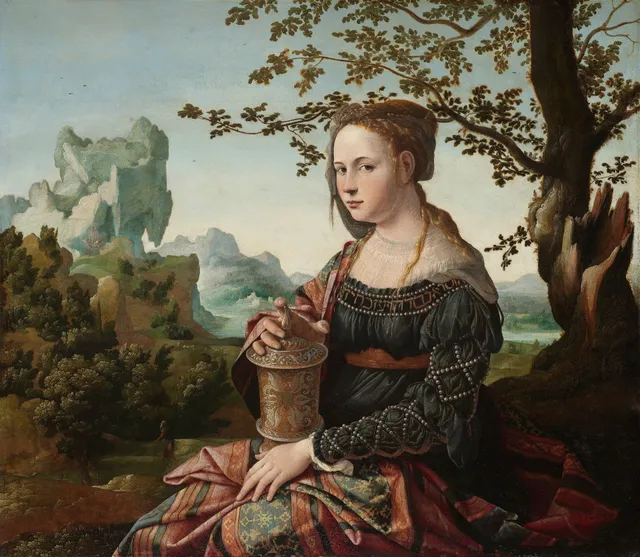 Mary Magdalene, c. 1530, oil on panel. The saint sits before a wide landscape with her ointment jar at hand.