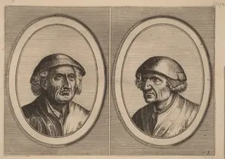 "Hans Onvertsaeght" and "Koen Slock-speck", by Johannes van Doetechum the Elder, ink, 1564