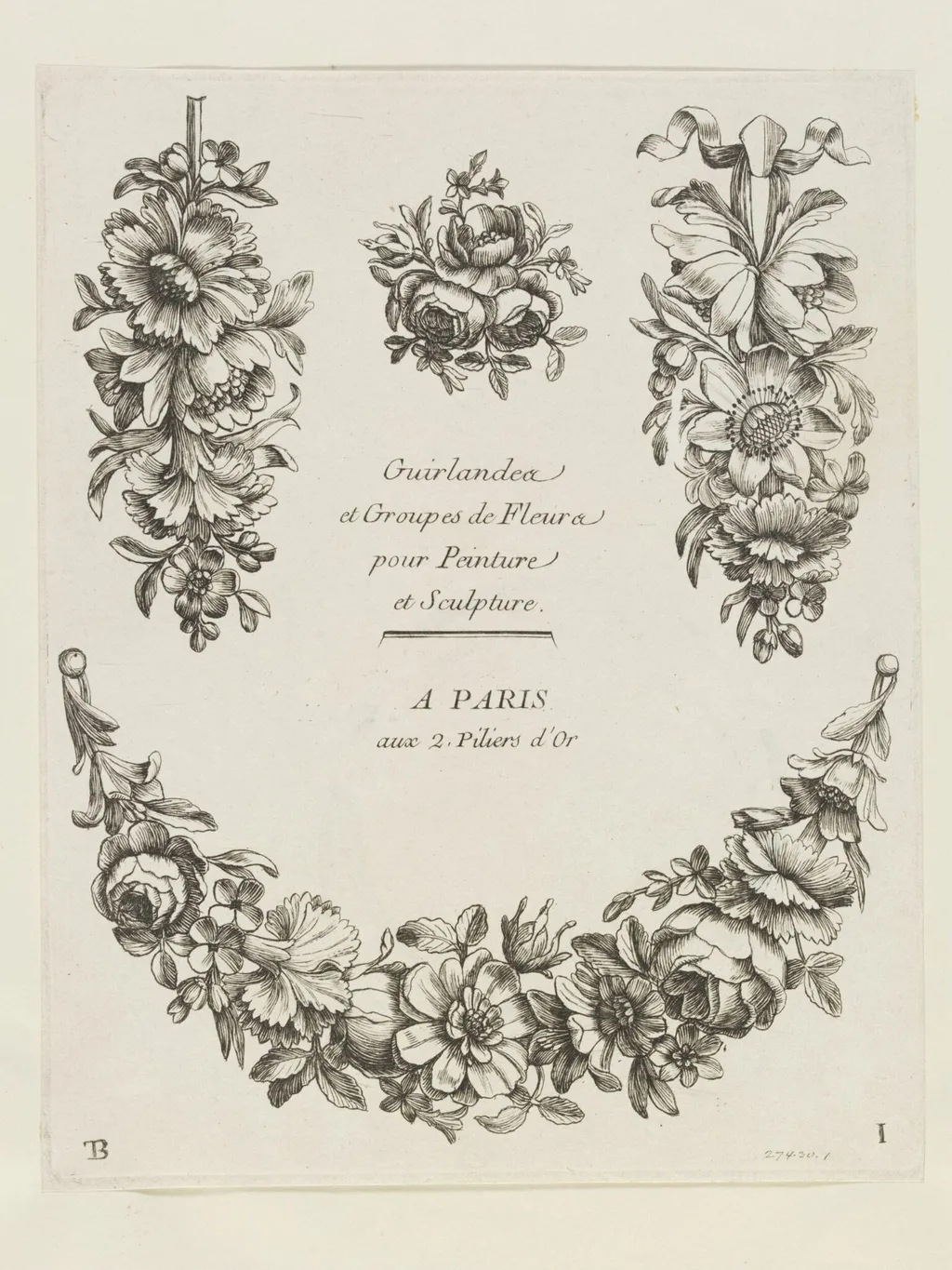 Guirlandes et Groupes de Fleurs pour Peinture et Sculpture, by Bertren, ink, 1765