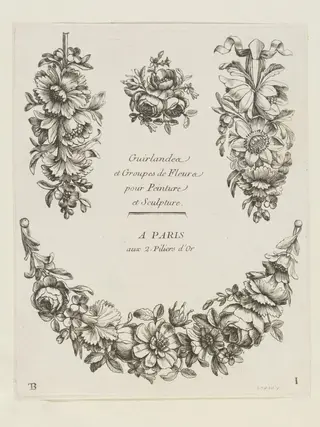 Guirlandes et Groupes de Fleurs pour Peinture et Sculpture, by Bertren, ink, 1765
