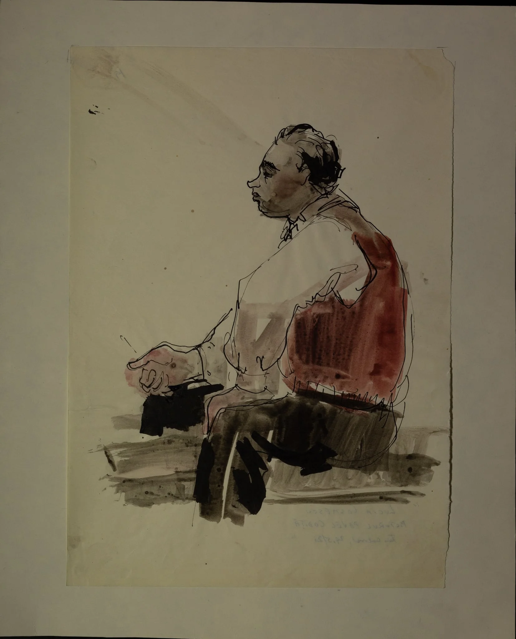 Portret al pictorului Pavel Codiță (1916-2000), până la brâu, așezat, din profil, spre stânga. la pian. Lucia Cosmescu (1916-1969) a fost pictoriță și grafician român, Născută în Galați, a făcut studii de pictură la Academia de Arte Frumoase din București., detail