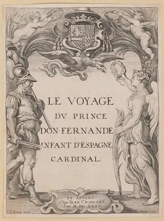 Title Page for Le Voyage Dv Prince Don Fernande Infant d'Espange, Cardinal, by Ignatius Cornelis Marinus, ink, 1635