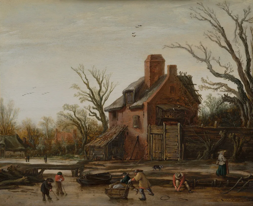 Winter landscape with farmhouse, by Esaias van de Velde, oil, 1624