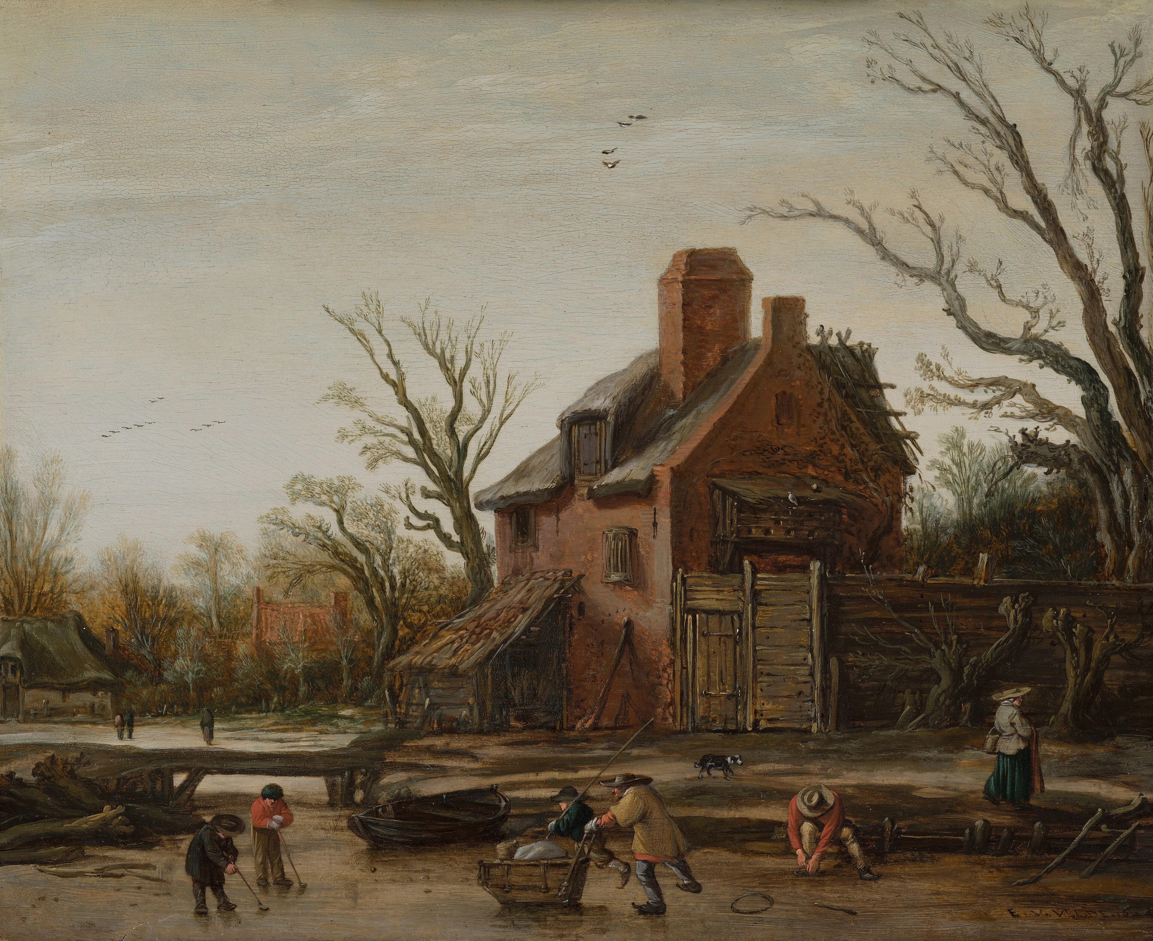 Winter landscape with farmhouse, detail