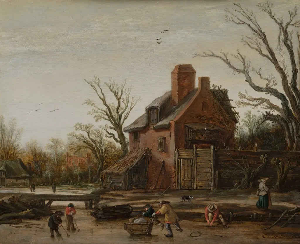 Winter landscape with farmhouse, by Esaias van de Velde, oil, 1624