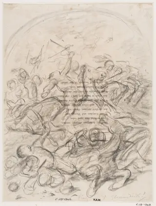A battle scene with a man falling from his horse mortally wounded, by Hablot Knight 'Phiz' Browne, 1815