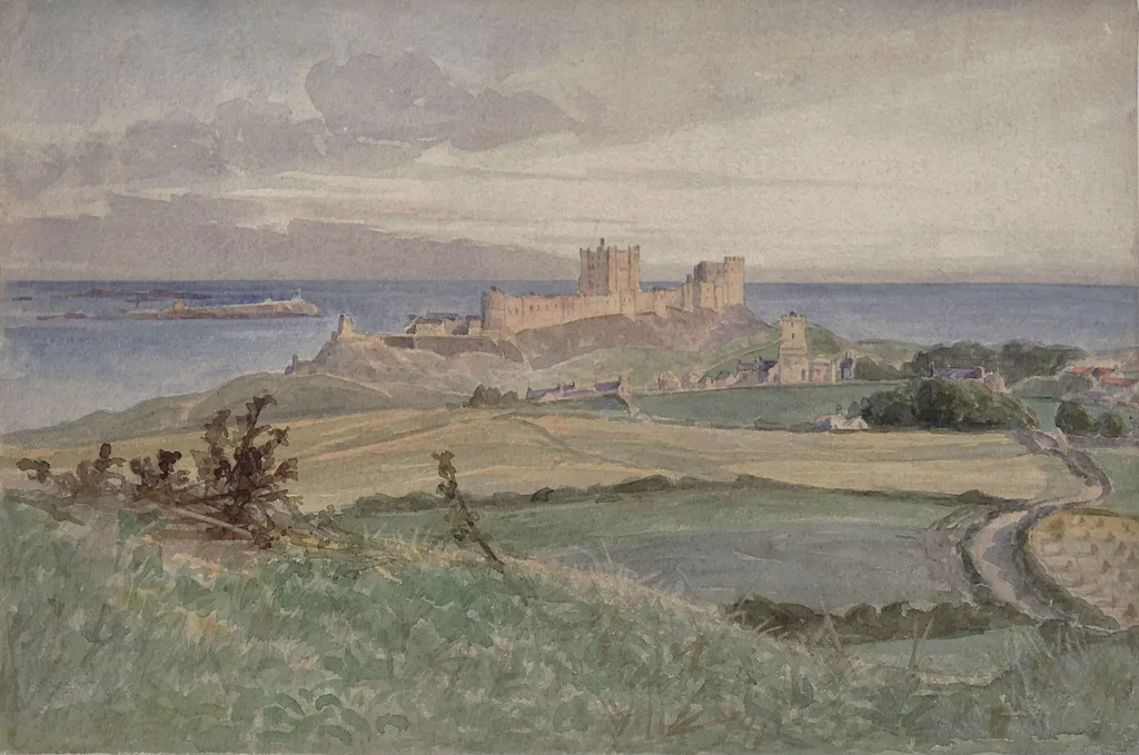 Bamburgh Castle, by John William RA RI Waterhouse, watercolor, 1849