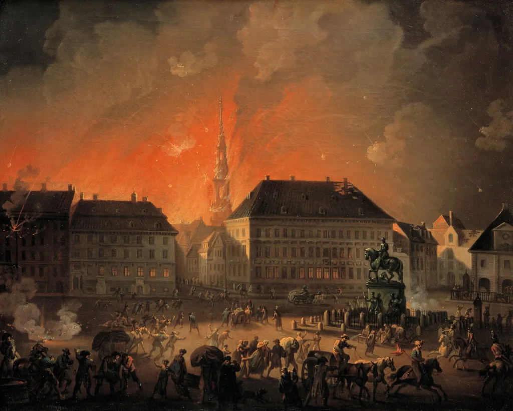 The Most Terrible Night. View of Kongens Nytorv in Copenhagen During the English Bombardement of Copenhagen at Night between 4 and 5 September 1807, by Christian August Lorentzen, oil, 1807