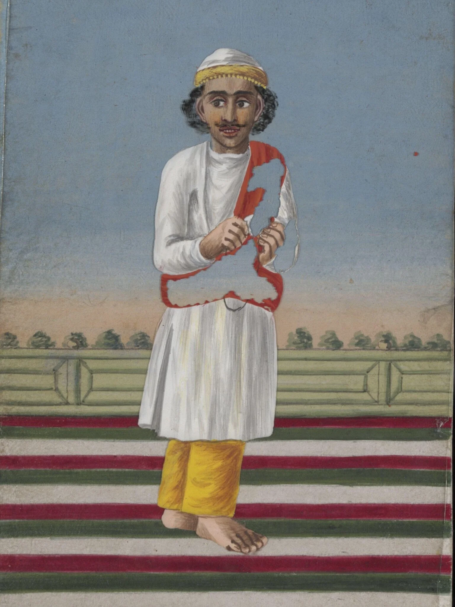 A Box covered and lined with brocade containing a card painted with a face, and with a verandah covered with a striped rug; also twelve mica overlays depicting dancers and musicians., detail