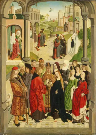 The Marriage of the Virgin, with the Expulsion of Saint Joachim from the Temple, the Angel Appearing to Saint Joachim, the Meeting at the Golden Gate, the Birth of the Virgin, and the Presentation of the Virgin, by Master of the Tiburtine Sibyl, oil, 1493