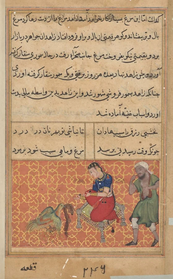 The bird of seven colors brings a sable to the pious man, from a Tuti-nama (Tales of a Parrot): Fifty-second Night, detail