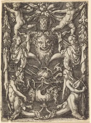 Ornament with Mask, by Heinrich Aldegrever, ink, 1550