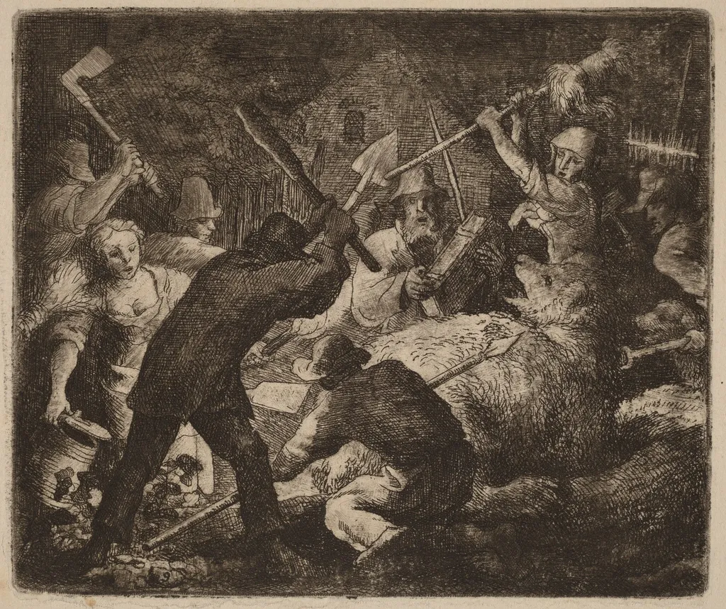 The Bear Assaulted by the Peasants, by Allart van Everdingen, ink, 1650