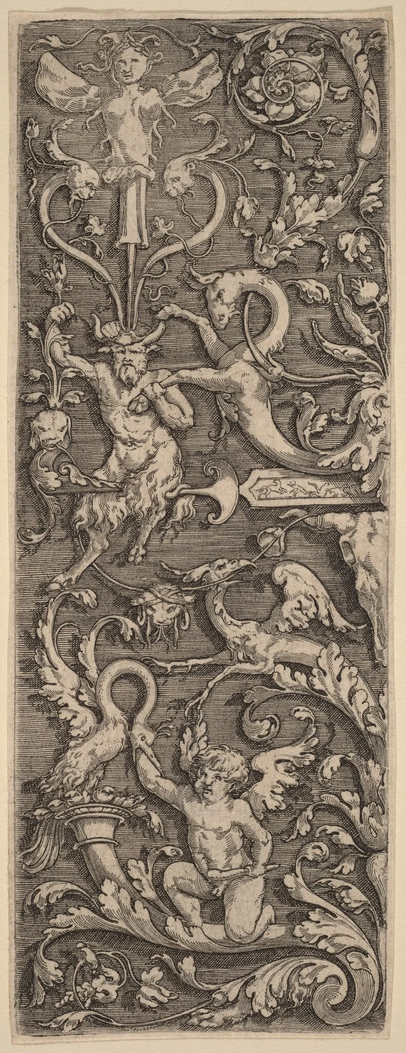 Ornament with a Cupid, a Satyr, and Grotesque Figures, detail
