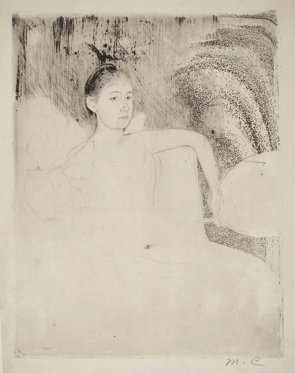 Mimi Holding a Japanese Fan, by Mary Cassatt, ink, 1889