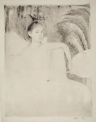 Mimi Holding a Japanese Fan, by Mary Cassatt, ink, 1889