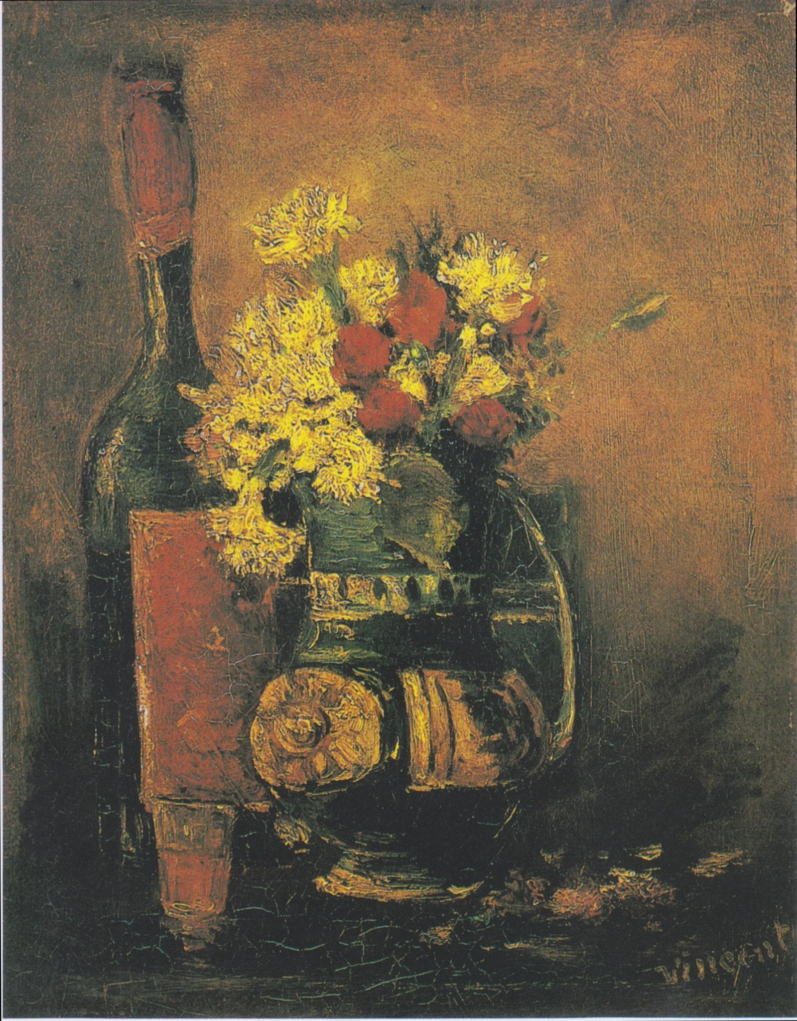 Vase of white carnations and roses and bottle, detail