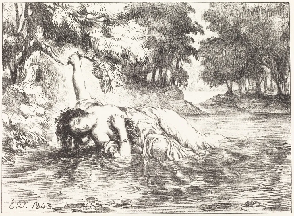 The Death of Ophelia (Act IV, Scene VII), by Eugène Delacroix, ink, 1843