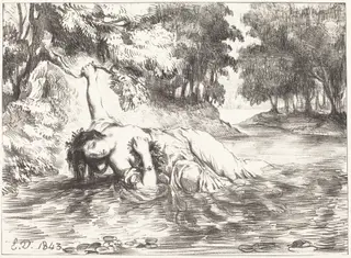 The Death of Ophelia (Act IV, Scene VII), by Eugène Delacroix, ink, 1843